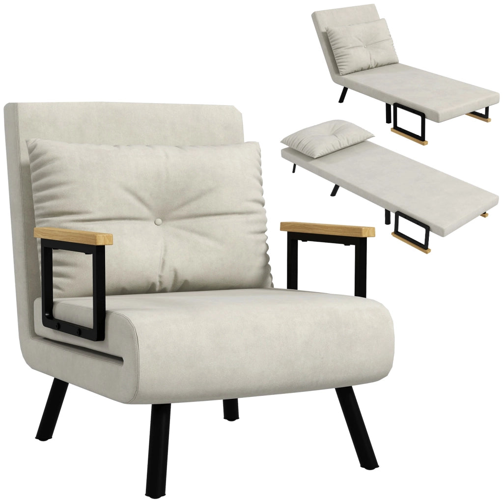 Poltrona letto singolo imbottita ¨C zephmum ¨C tessuto velluto crema con accoudoirs in legno