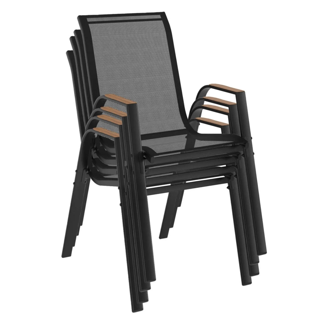 IDMarket - Set di 4 sedie da giardino impilabili NOUMEA in metallo e textilene, nero e legno