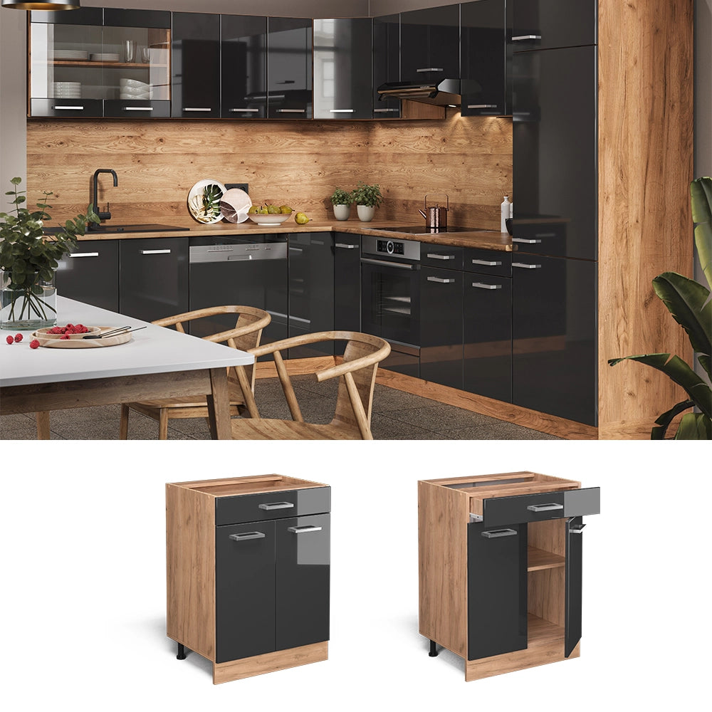 Vicco Mobiletto base per cucina Antracite lucido 60 cm con cassetto, PL Rovere