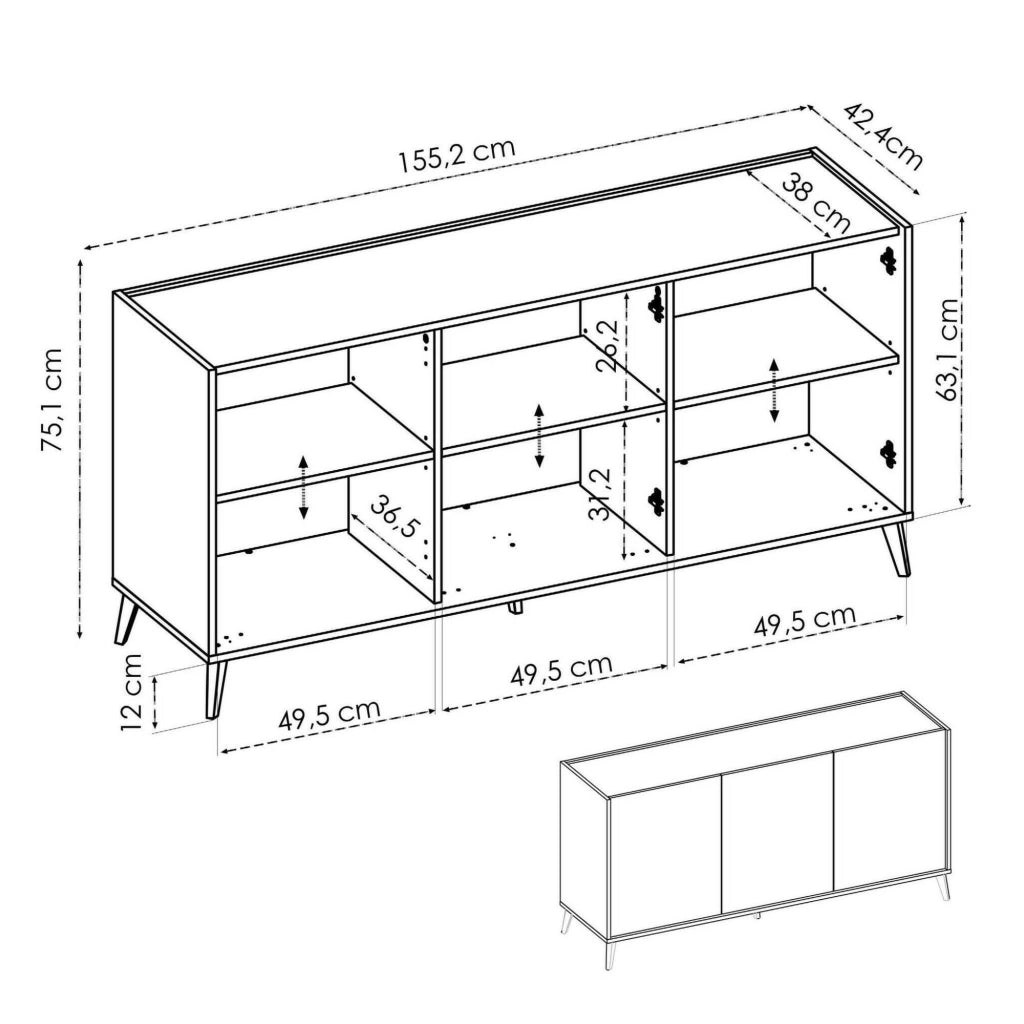 Credenza Afrodite, Buffet da soggiorno, Madia moderna da salotto a 3 ante, 155x43h75 cm, Rovere e Antracite