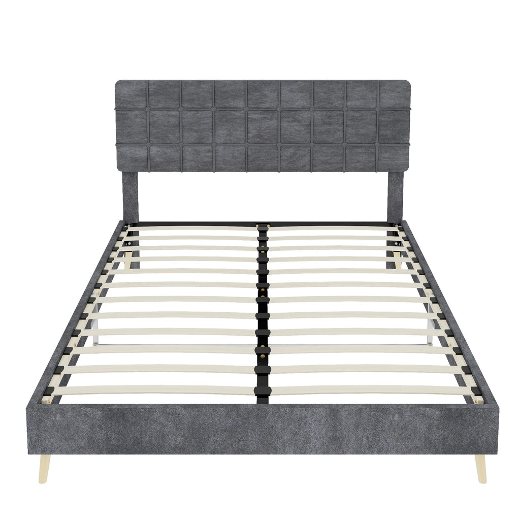 Letto Matrimoniale 140x200 cm con Testiera Trapuntata e Gambe in Legno; Velluto Grigio