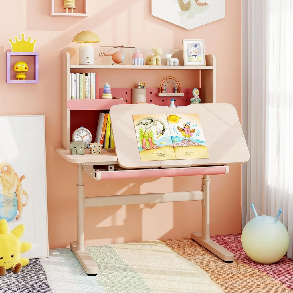Scrivania per Bambini 3+ Anni, Tavolo da Studio Regolabile in Altezza con Libreria e Cassetto, Piano Inclinabile, Mensole, Leggio e Portapenne, Scrivania per Studiare (Rosa)