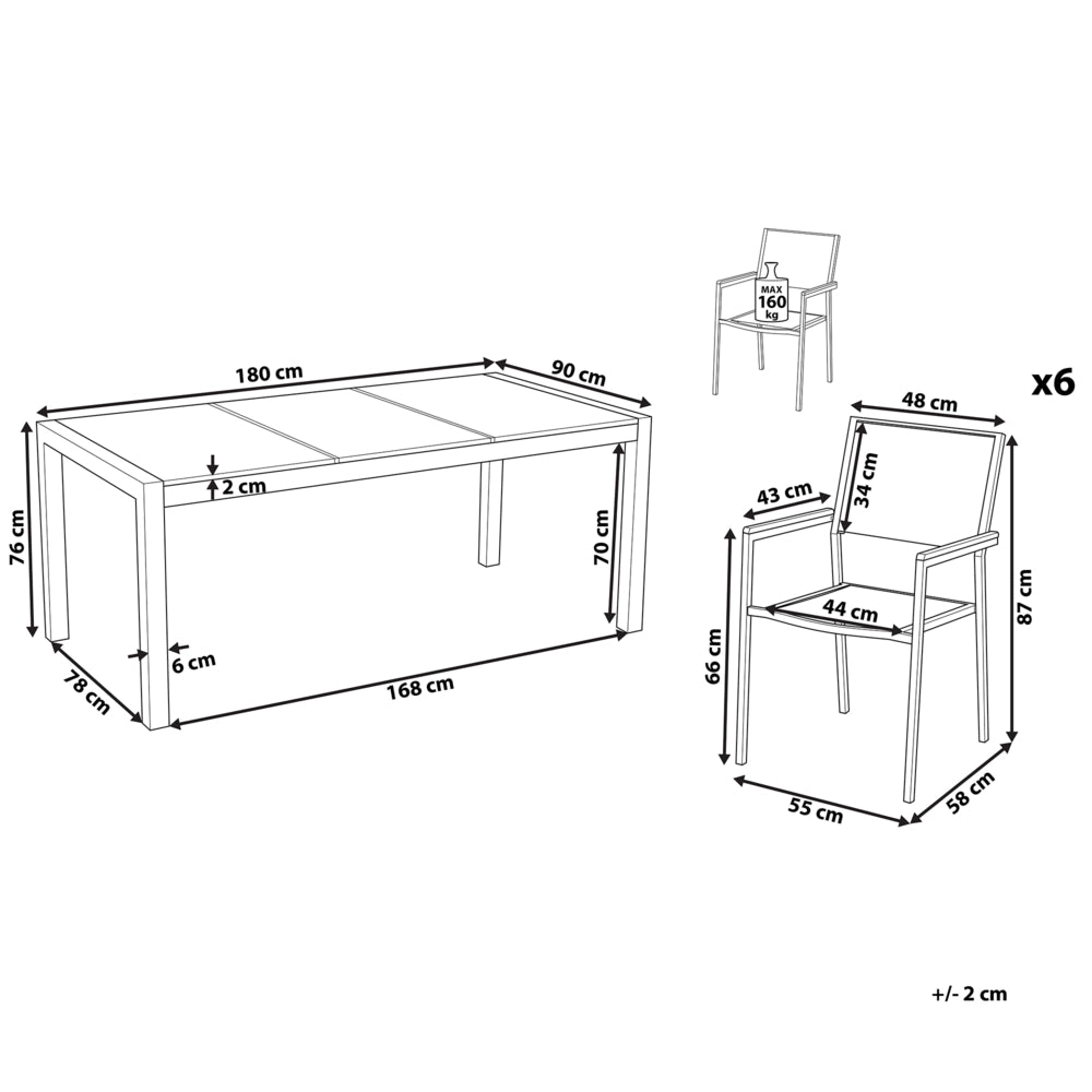 Set da pranzo da giardino Nero con piano in granito grigio 6 posti 180 x 90 cm
