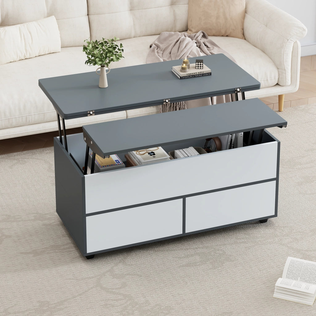 Tavolino da salotto elevabile con contenitore e ruote 100 x 98 x 65 cm; grigio e bianco