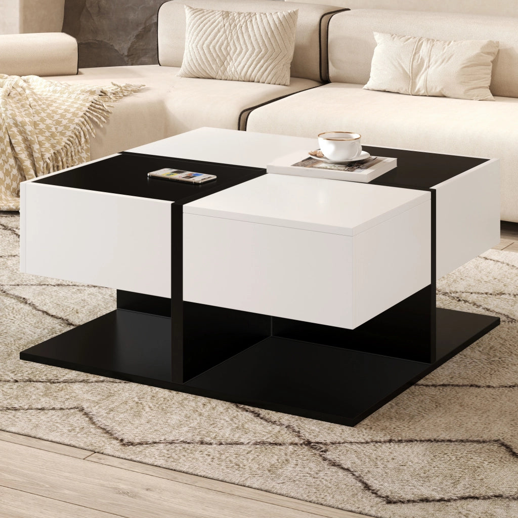 Tavolino quadrato con 2 cassetti e vani nascosti, piano stabile, per soggiorno, 70 × 70 × 35.5 cm