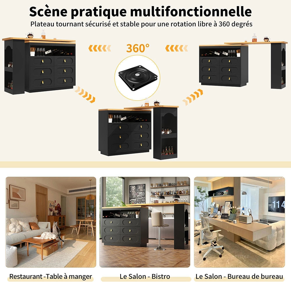 Tavolo bar estensibile - Xylo - rotante 360° con ruote nero 138-203cm