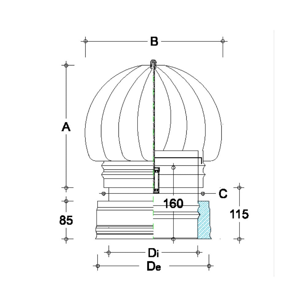 Fumaiolo da 150-230mm radiante tipo eolico inox aisi 304 base tonda doppia parete