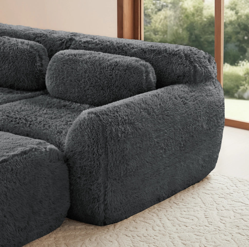 Divano modulare angolare in tessuto peluche grigio; senza montaggio