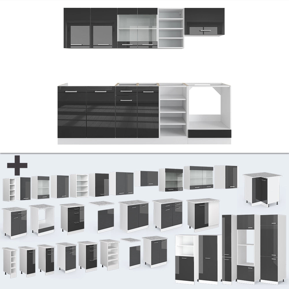 Cucina componibile R-Line Antracite lucido/Bianco 240 cm, PL Marmo Vicco