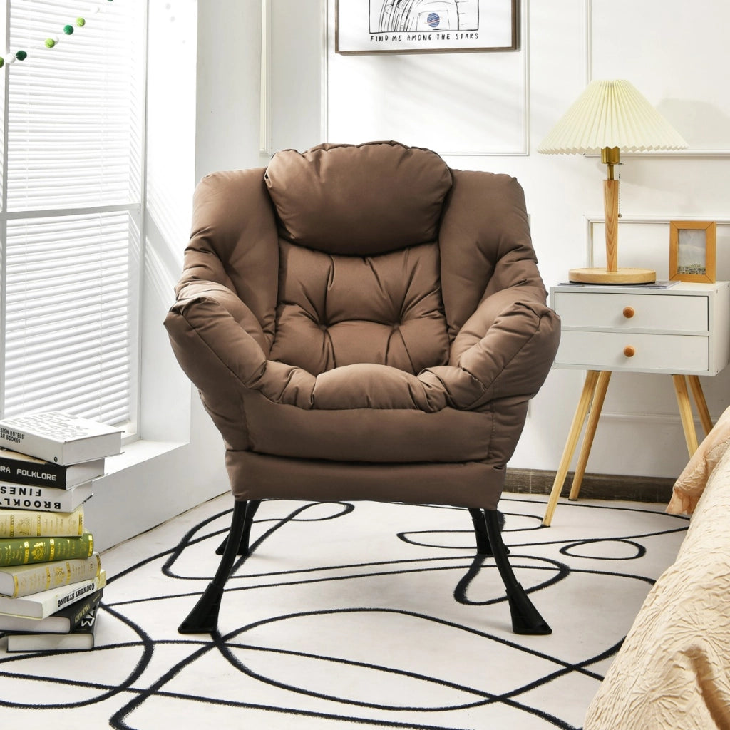 Poltrona in tessuto di poliestere moderno con struttura in metallo, Divano imbottito con braccioli e tasca laterale Marrone-Divani