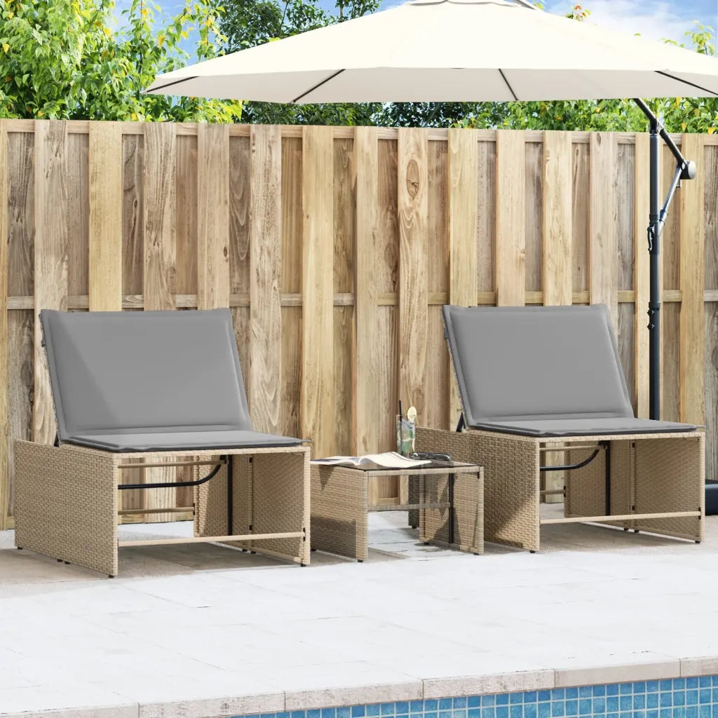 Lettini prendisole 2 pz con tavolo beige in polyrattan 368425