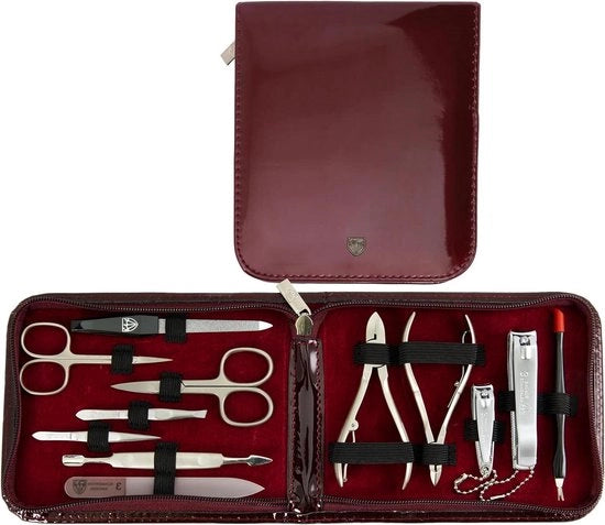 Set manicure-pedicure 12 pezzi 'Firenze' | Nageletti di alta qualità in pelle di cuoio per la cura delle mani e dei piedi. Colore: rosso vino | Contenuto: forbici per unghie, trimmer per unghie, pinza e altro.