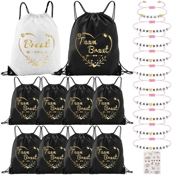 Set di 10 sacchetti per la palestra con cavo di traino (42 x 33 cm) e 10 bracciali per donne, 1 adesivo, regalo di nozze, donne, borsa della sposa, zaino, squadra della sposa, insieme per il matrimonio, sposa, festa, nero