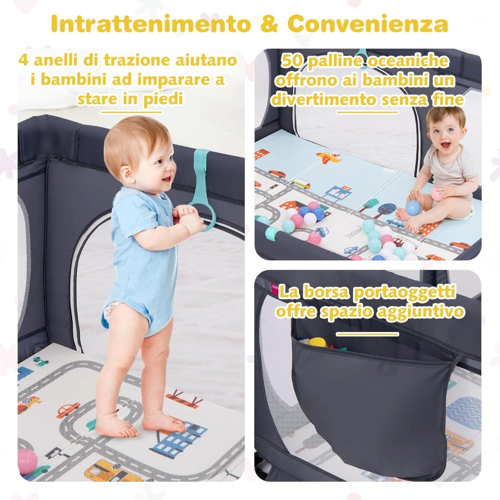 Box per Bambini con Materassino, Recinto per Bambini con 4 Anelli e 50 Palline Colorate, Rete Traspirante, Tasca e Borsa, Box Giochi per Bambino 0-3 Anni (Grigio Scuro, 189 x 158 cm)
