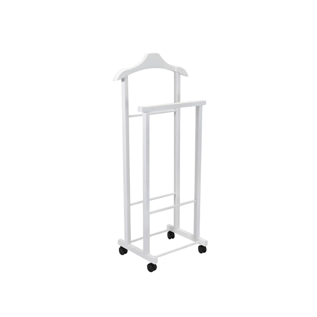 OWIJI Indossatore Appendiabiti Legno Faggio Rotelle Servo Muto Doppio Dimensioni 45 x 30 x 95 cm Appendiabiti Vestiti Camera Letto Cabina Armadio Unità: 1 Unità, Colore: Bianco