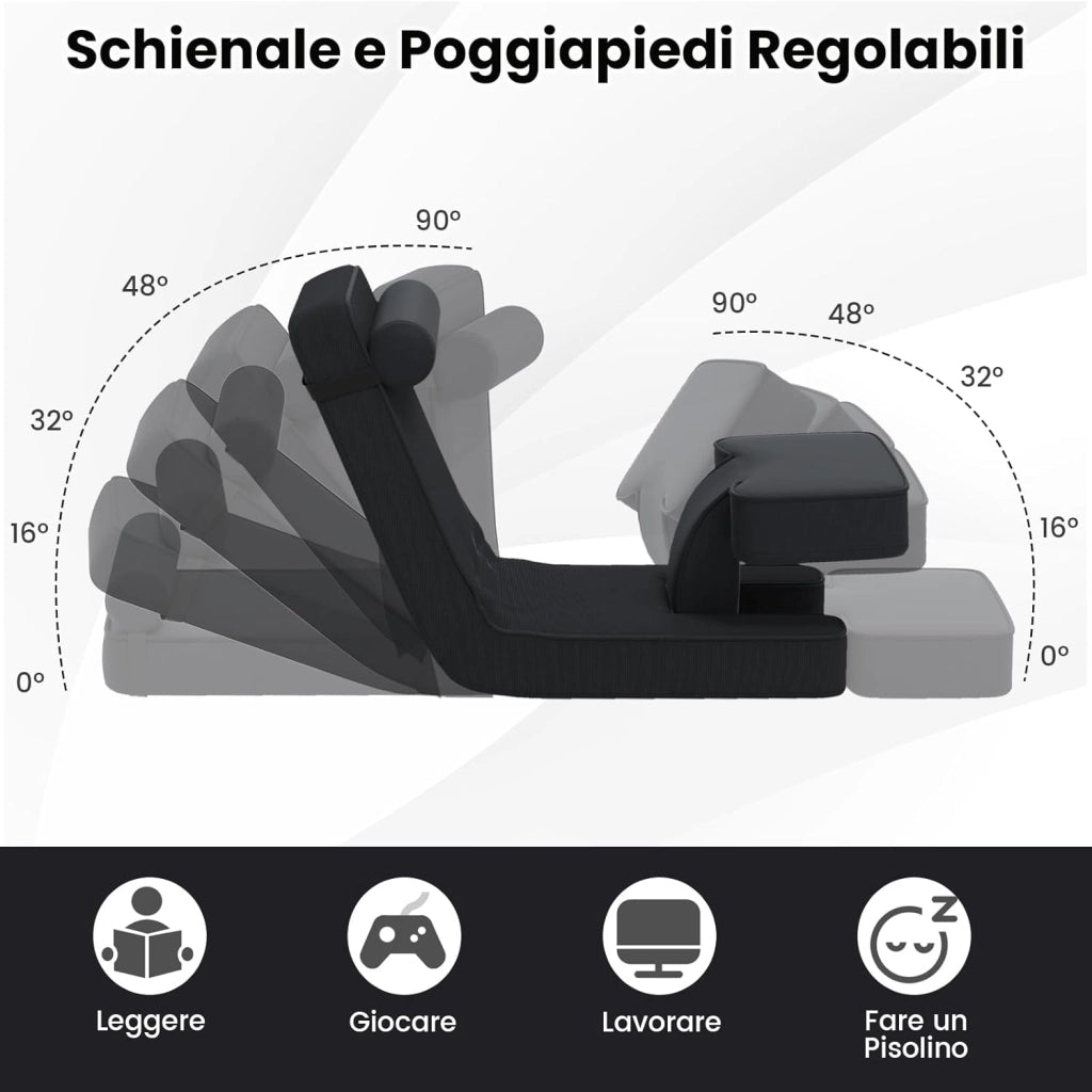 Sedia da Terra Pieghevole, Poltrona Relax Imbottita con Schienale e Poggiapiedi Regolabili, Sedia da Pavimento con Tavolino e Cuscino, per Soggiorno e Camera da Letto
