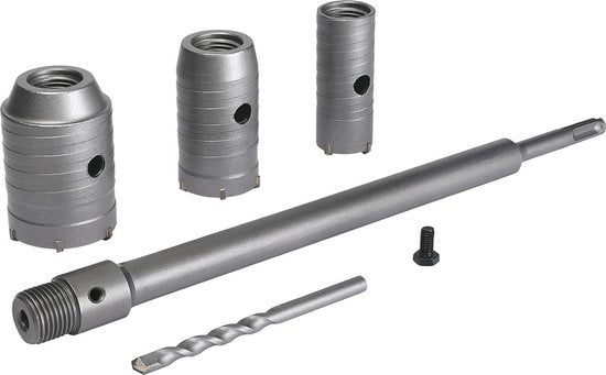 Set di perforazione per muri, tegoli e mattoni con corona SDS Plus 350 mm, diametri 30-40-50 mm, set di punte per muro, tegola e vetro, con denti in acciaio cementato.