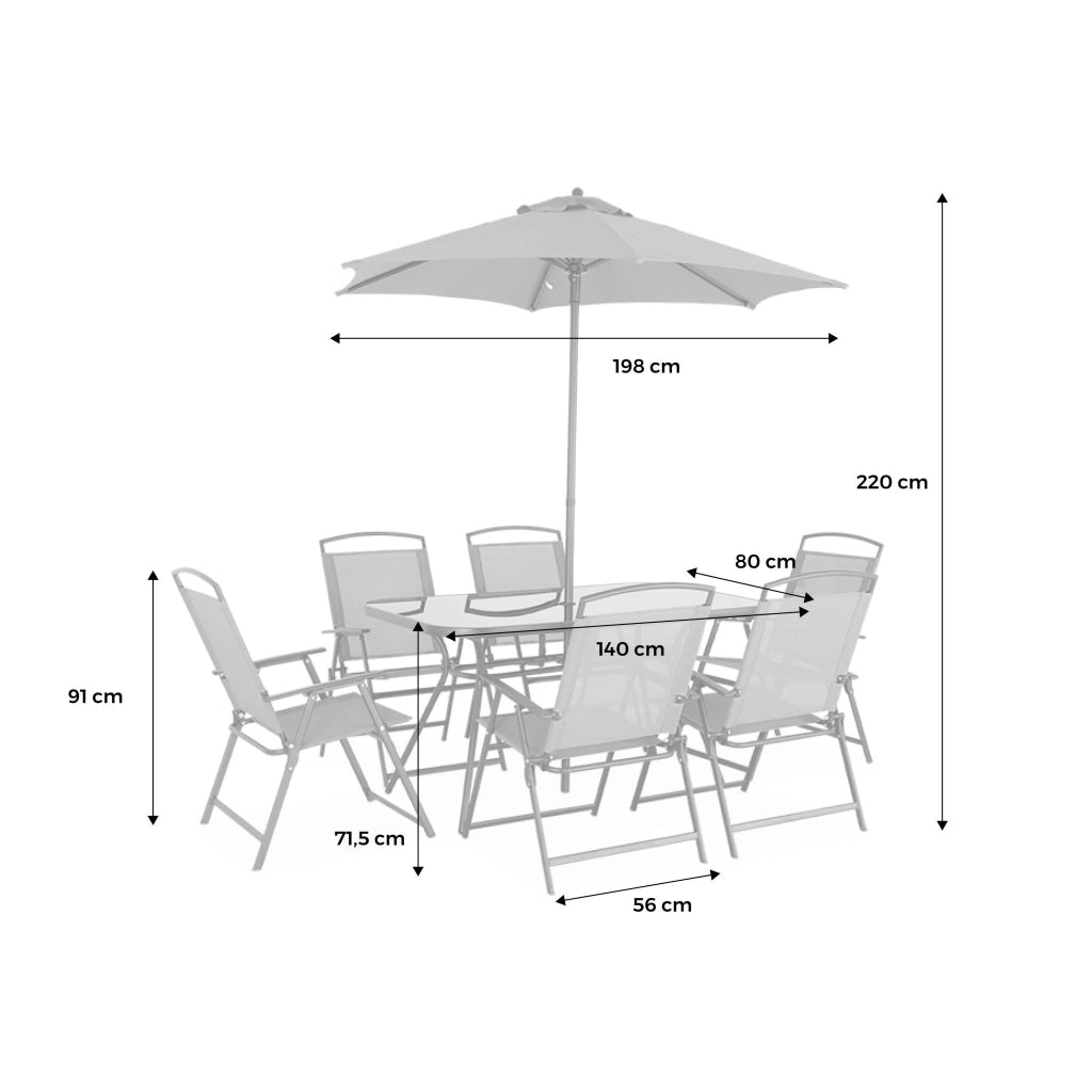 Set tavolo da giardino in acciaio con 6 poltrone e 1 ombrellone,