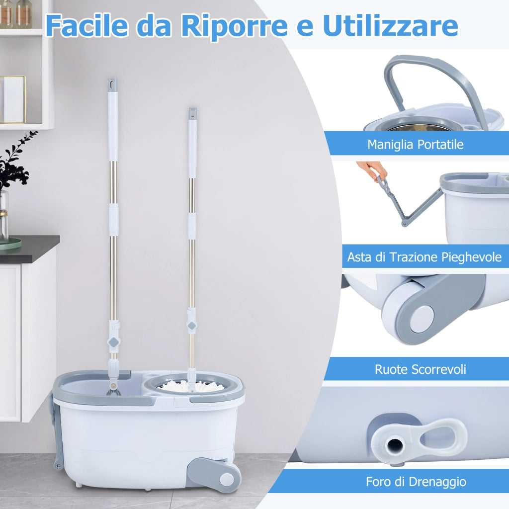 Set mocio e secchio con lavaggio senza mani e design a doppio serbatoio, Set mocio e secchio con 7 pezzi di panni rettangolari Blu