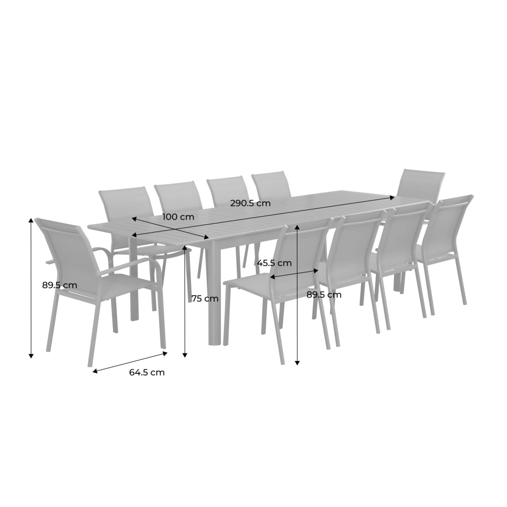 Set tavolo allungabile in alluminio con 10 sedie, antracite