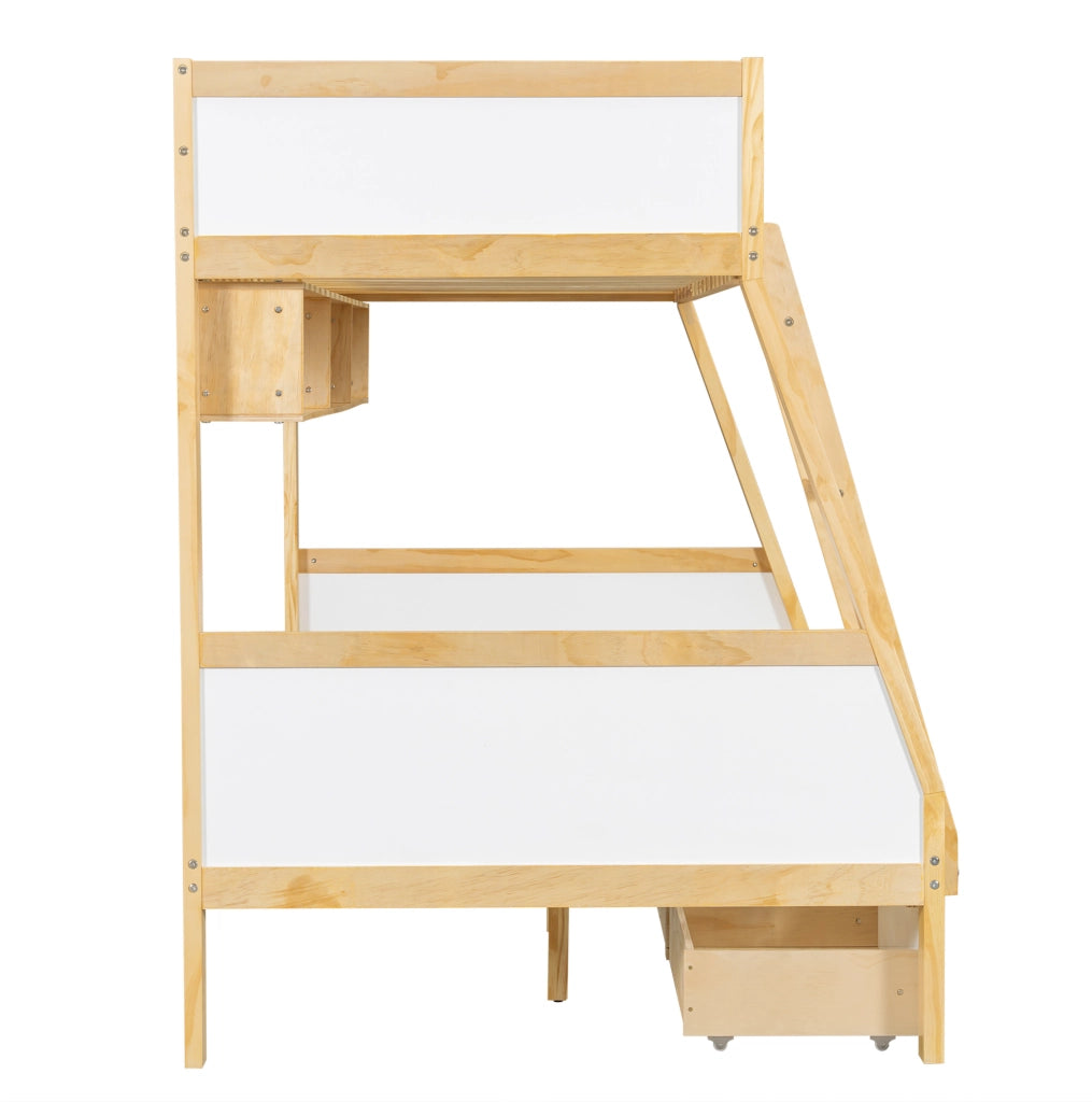 Letto a castello bambini 90x200 cm e 120x200 cm con cassetti e libreria in legno; MDF e compensato bianco e naturale
