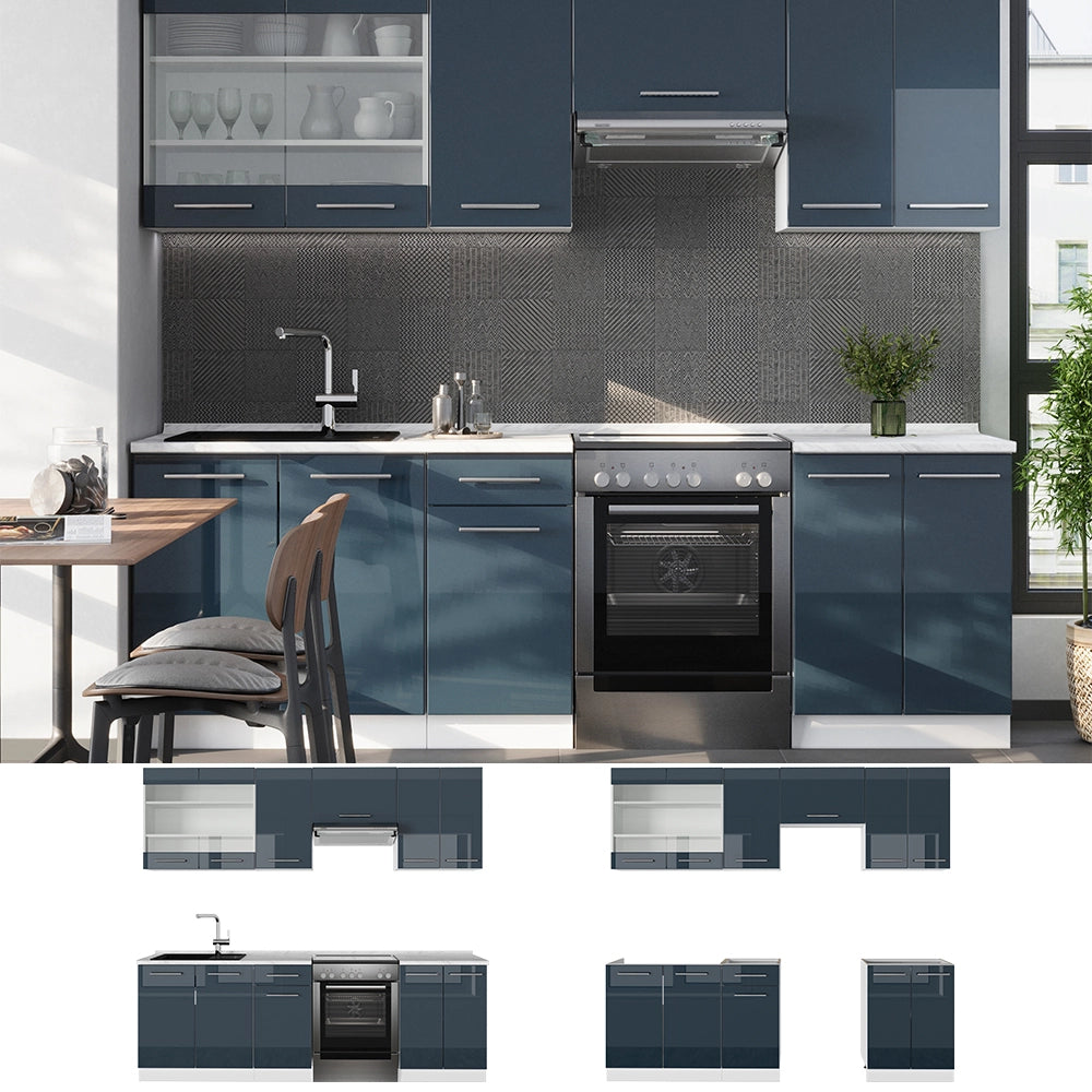 Mobili da cucina Fame-Line Blu scuro lucido/Bianco 240 cm senza piano di lavoro Vicco