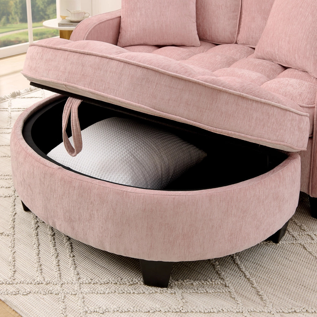Divano letto 2 in 1 trasformabile con pouf contenitore 132x129x93 cm in tessuto rosa