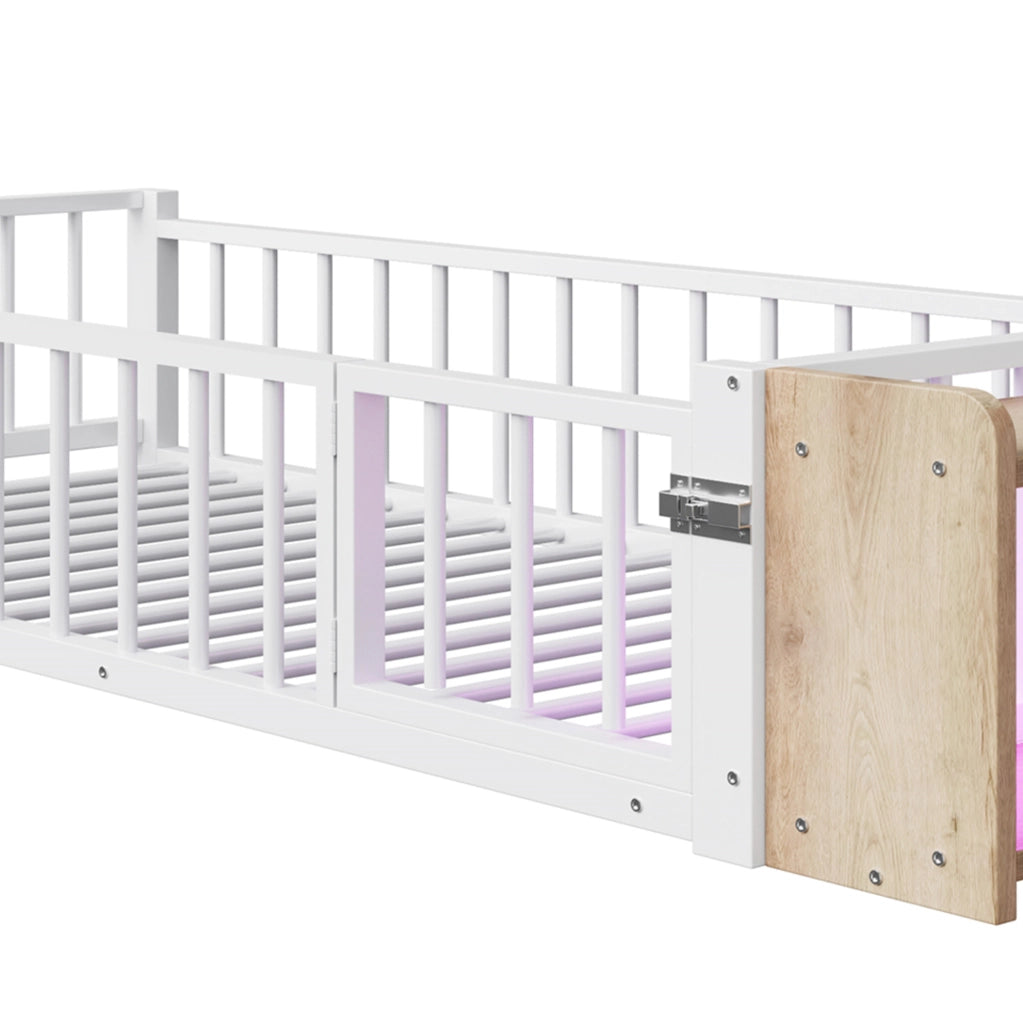 Letto 90x200 cm con sponda; vano portaoggetti e LED in MDF e metallo bianco