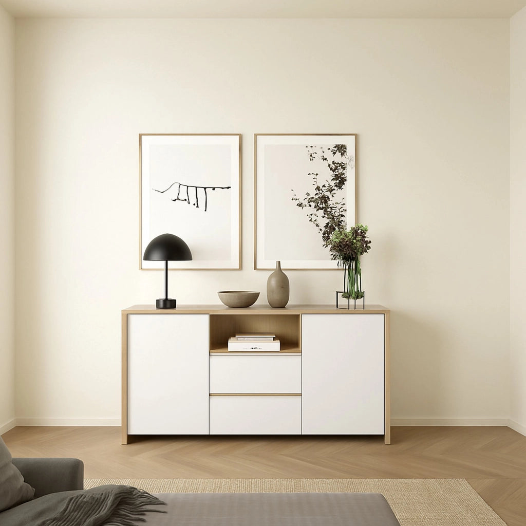 Credenza Alalngar, Buffet da soggiorno, Madia da salotto, Dispensa da cucina, 149x48 h84 cm, Rovere e Bianco lucido