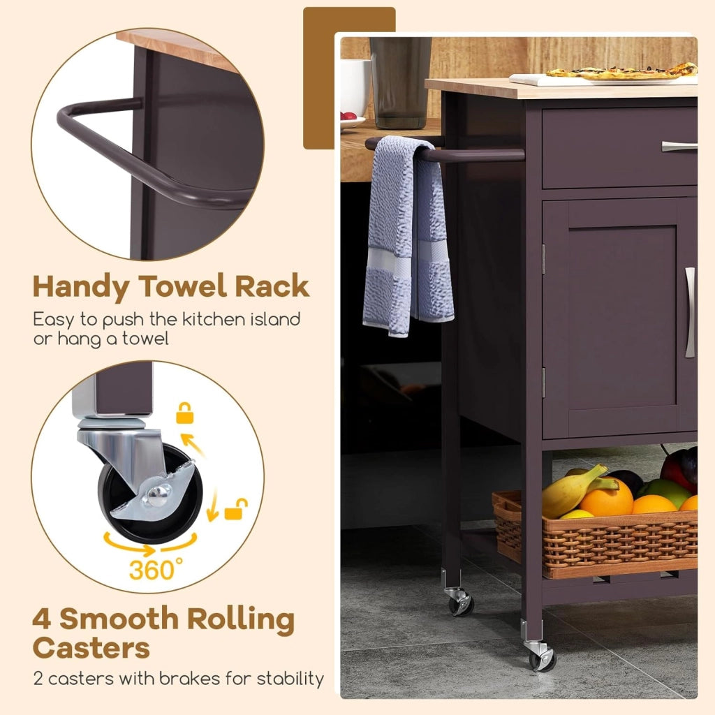 Carrello con Ruote, Carrello da Cucina con 1 Cassetto Grande, Armadio a 2 Ante, Porta Asciugamani, Ripiano Inferiore Aperto, Madia Mobile Dispensa, 73x50x90 cm, 3 Colori