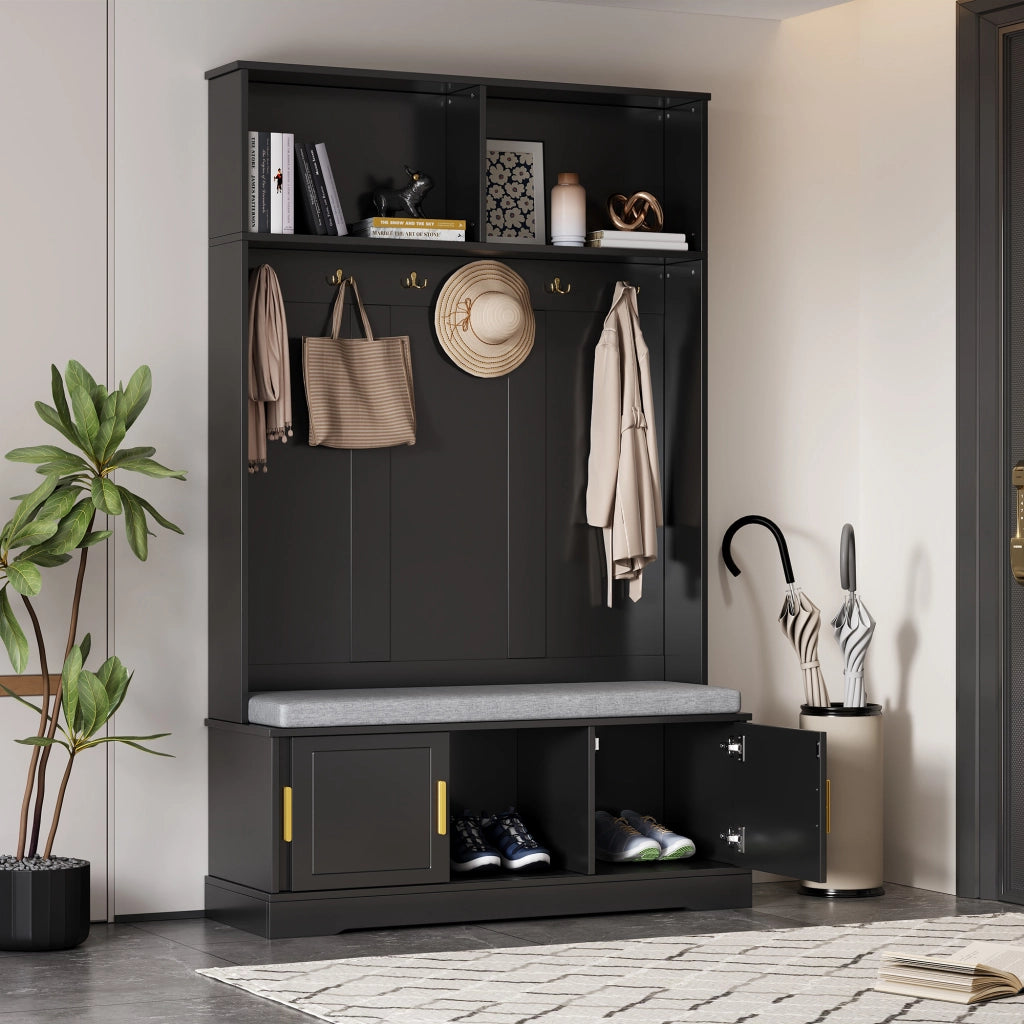 OKWISH Mobile da Ingresso con Panca Scarpiera, 6 Ganci Tripli e Ripiano Aperto, Antiribaltamento, Nero, 120 x 40 x 191 cm