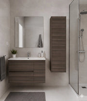 Mobile Bagno HEIMDALL Già Montato 2 cassetti e porta, lavabo e specchio Frassino tea 100x40 cm con colonna