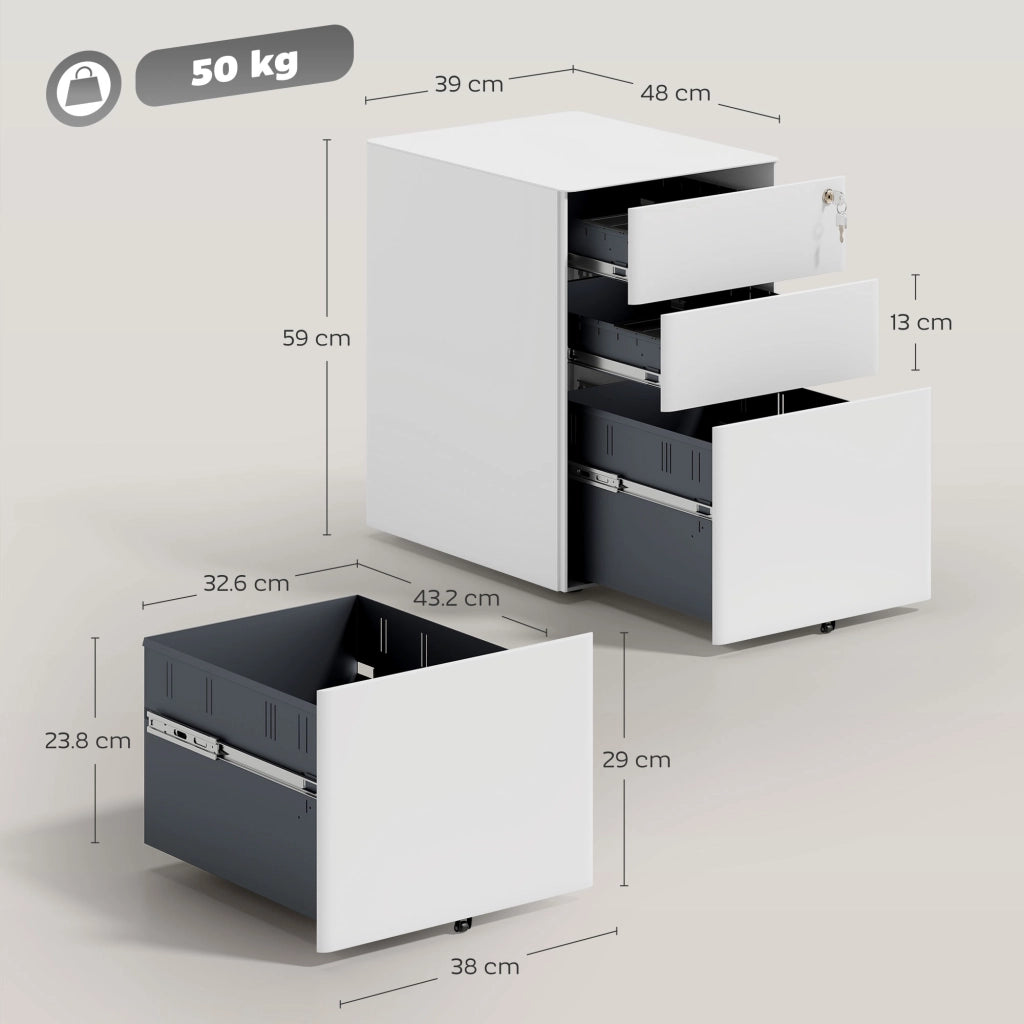 Cassettiera da Ufficio 3 Cassetti in Acciaio con Serratura e Rotelle. 39x48x59cm. Bianco