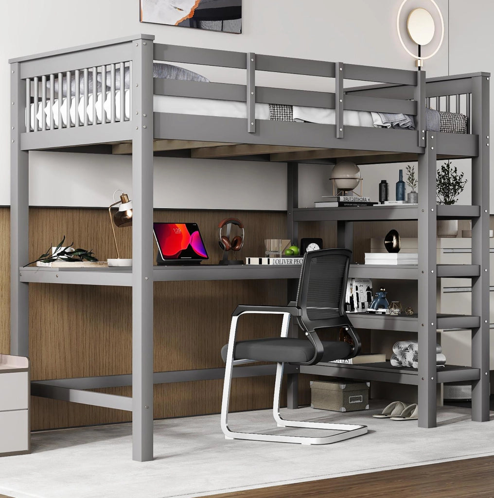 Letto a soppalco per bambini 90x200 cm con scrivania e ripiani, grigio, senza materasso