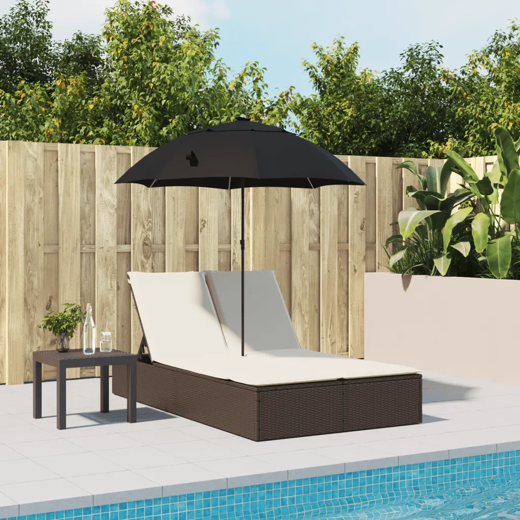 Lettino Prendisole | Sdraio da giardino | Lettino da sole Doppio Cuscini e Parasole Marrone Polyrattan
