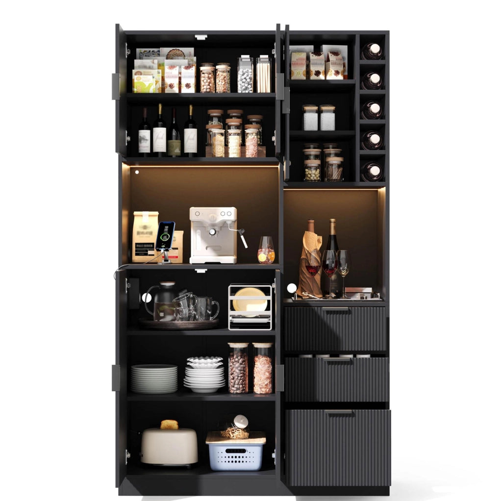 Mobile da cucina 105x40x180 cm con 3 cassetti; LED multicolore e prese USB-C; nero