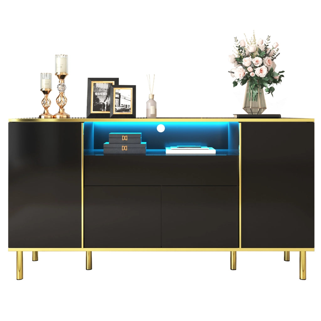 Credenza con 4 Ante; 1 Cassetto e LED; Nero Lucido con Dettagli Dorati; in MDF; 150??40??80 cm