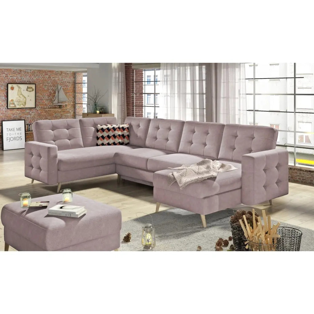 Divano angolare panoramico convertibile HASGARD U 326 cm rosa con contenitore