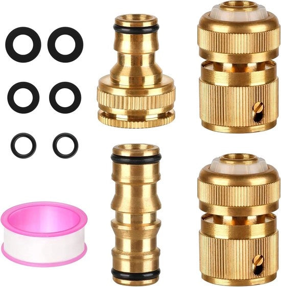 Set di Connettori per Slangue da Cucina e Giardino - Adattatore per Rubinetto 1/2 e 3/4 Pollici - Doppio Cavo - 4 pezzi - Connettore per Rubinetto Acqua