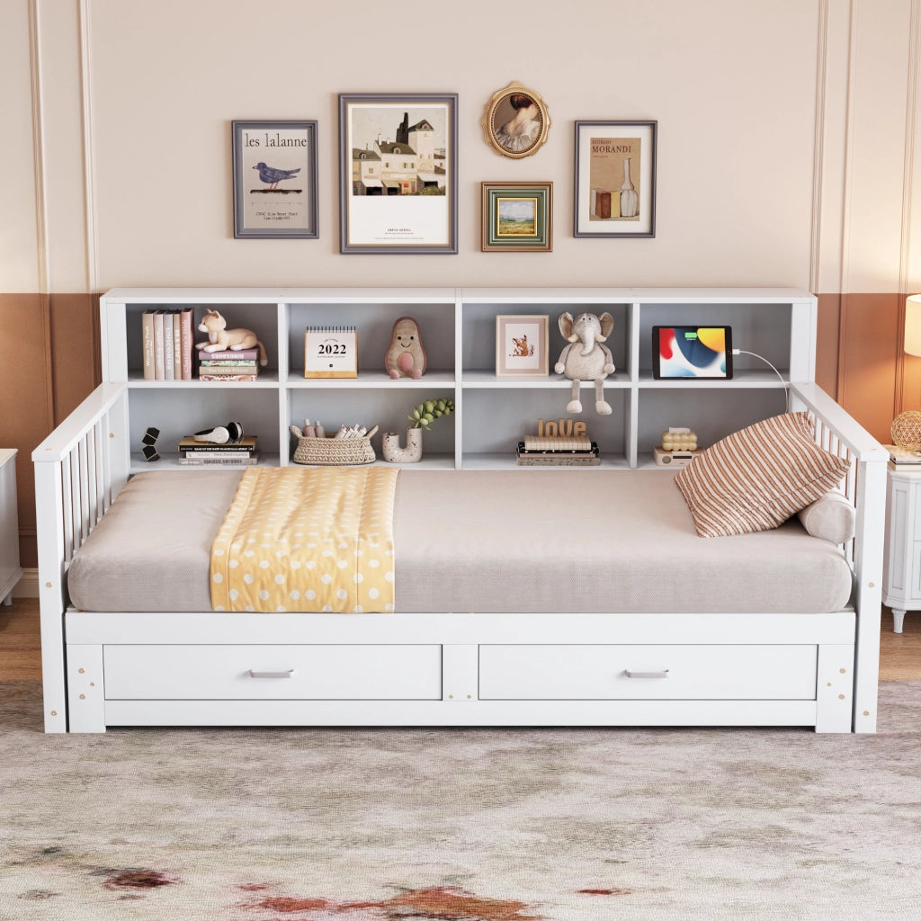 DESMIU Divano letto 90 × 190 cm 1 posto con ripiani, presa e 2 cassetti, senza materasso, bianco