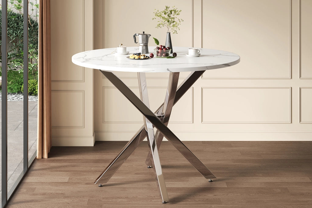 Tavolo da pranzo rotondo con piano effetto marmo e gambe cromate per cucina e soggiorno bianco argento 80 × 80 × 75 cm