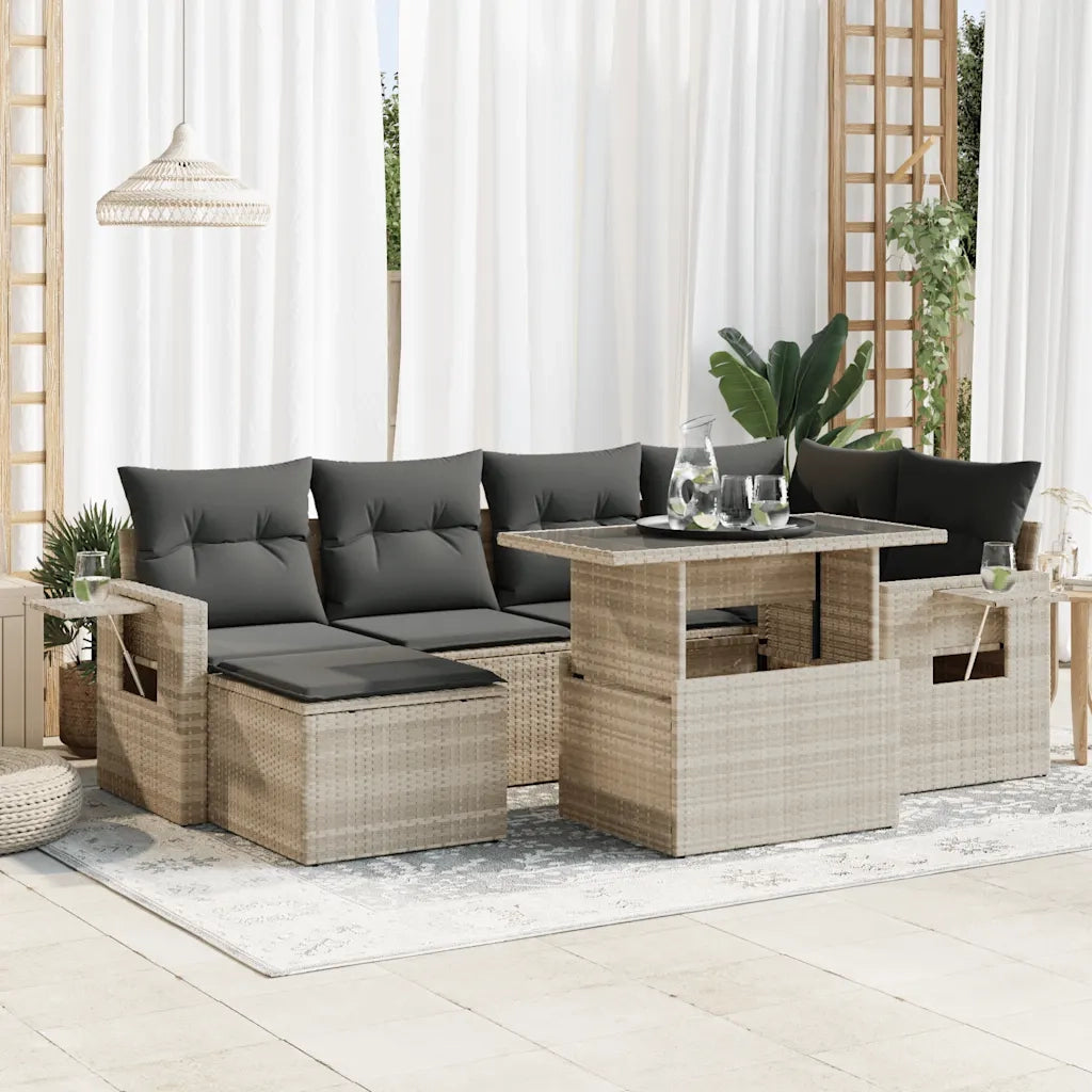Set Divani da Giardino 7pz con Cuscini Grigio Chiaro Polyrattan