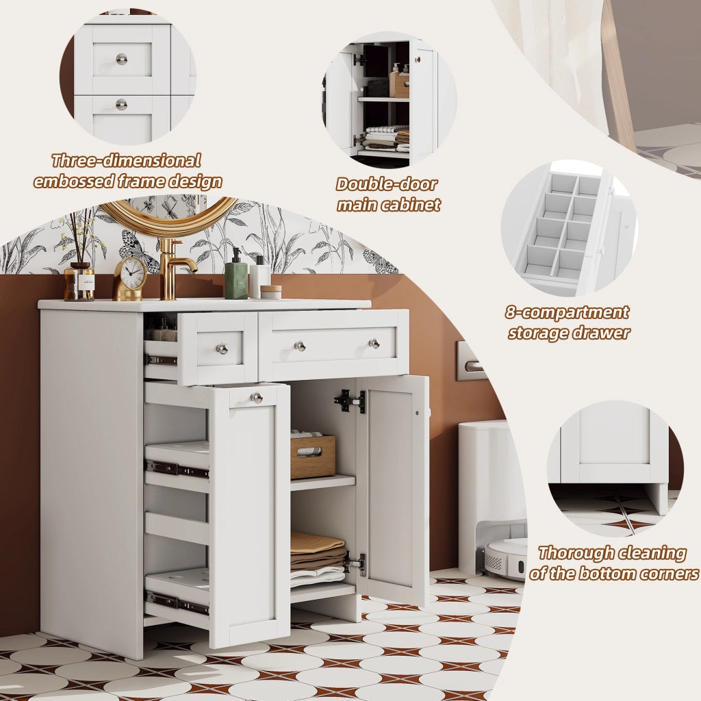 Mobile sottolavabo con 1 anta, 3 cassetti, lavabo in ceramica e chiusura ammortizzata per bagno bianco 76 × 47 × 86 cm