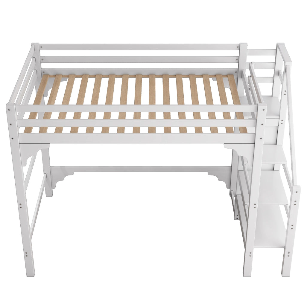 Letto a soppalco 140x200 cm; con armadio e scala contenitore; pino e MDF; bianco