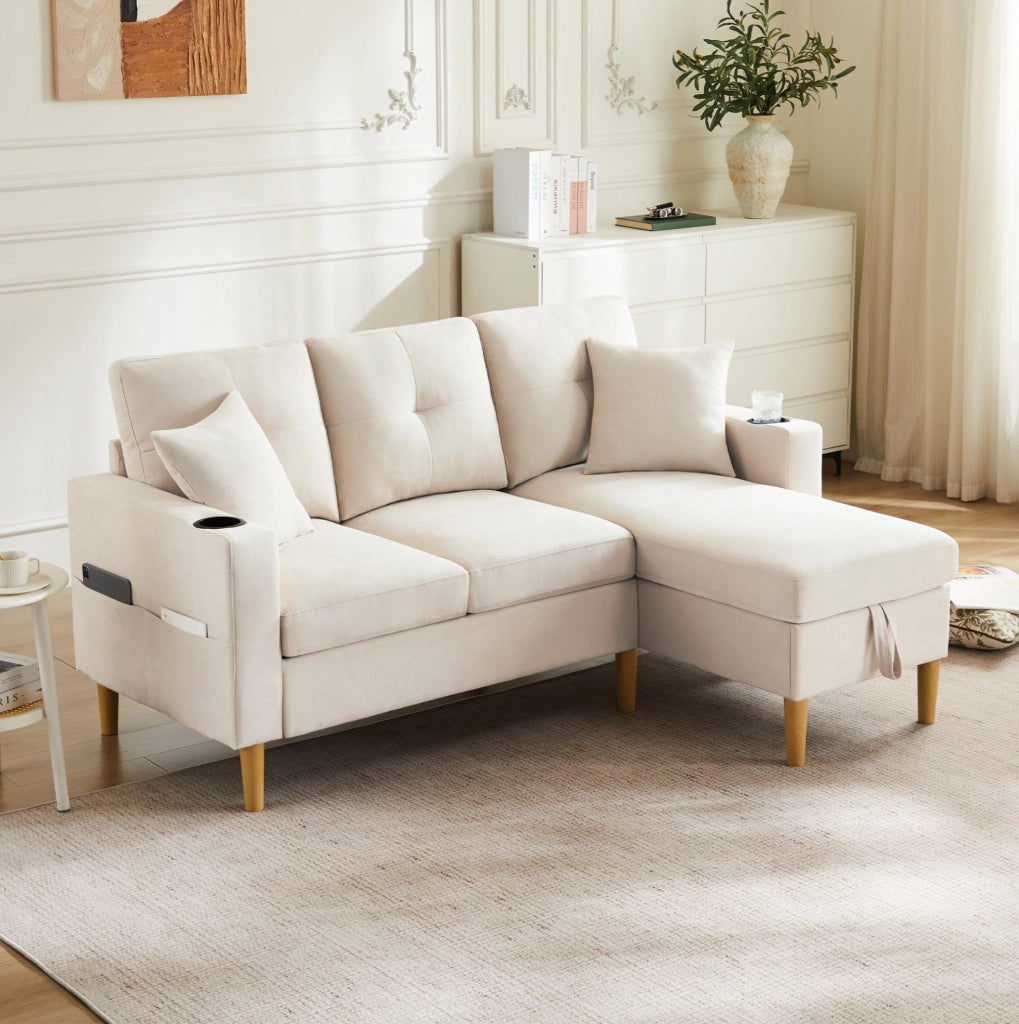 Divano angolare a L con chaise longue; contenitore e portabicchieri; 175x129x90 cm; beige