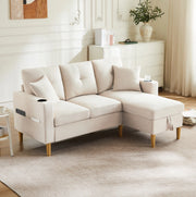 Divano angolare a L con chaise longue; contenitore e portabicchieri; 175x129x90 cm; beige