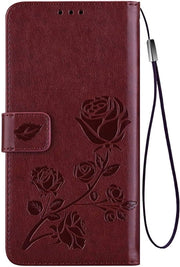 Case per smartphone portafoglio con fessura per carte e cintura shockassorbente - Rose relief, copertura magnetica in pelle PU/TPU - marrone, compatibile con VIVO Y55 5G