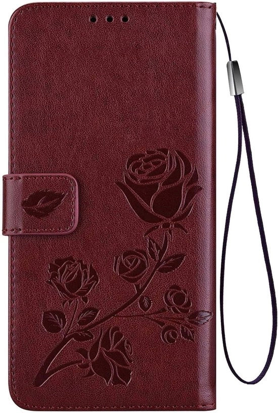 Case per smartphone portafoglio con fessura per carte e cintura shockassorbente - Rose relief, copertura magnetica in pelle PU/TPU - marrone, compatibile con VIVO Y55 5G