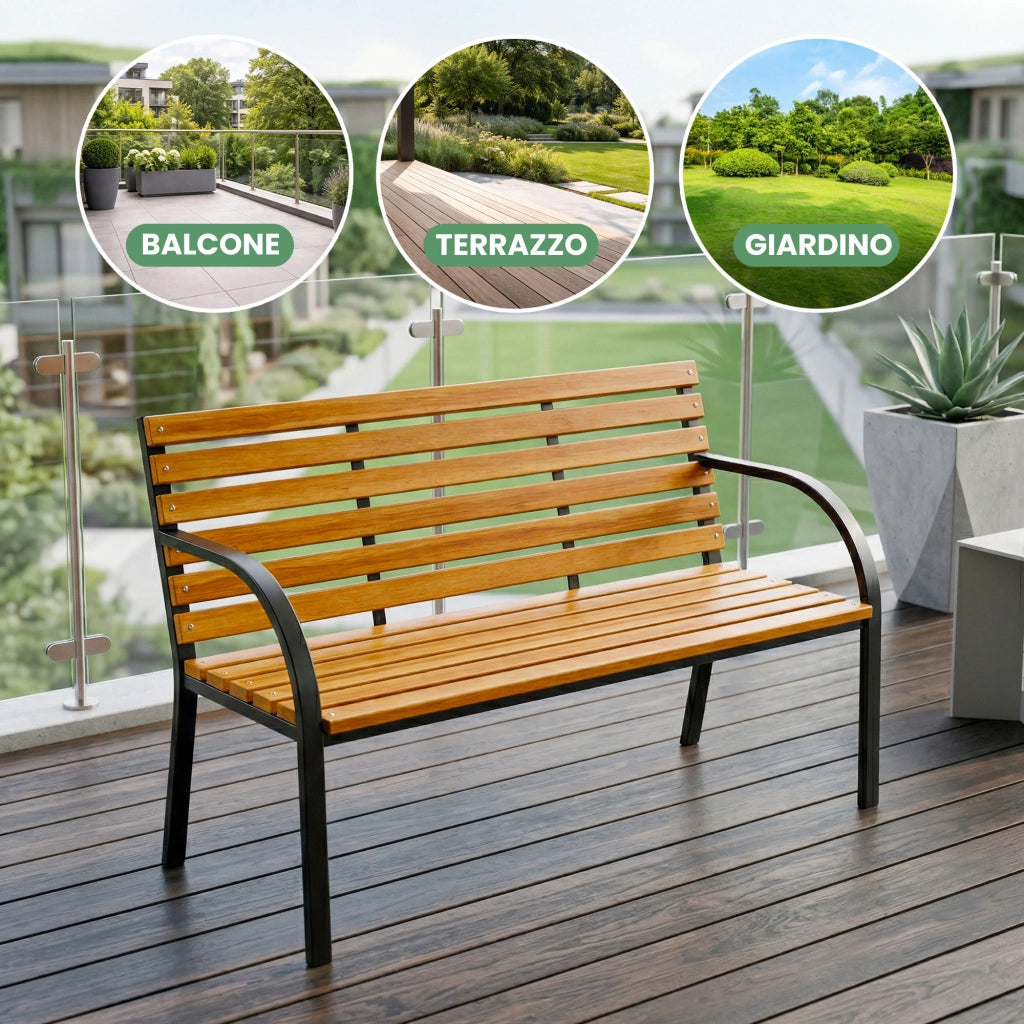 Panchina da giardino DALIA con legno laccato e gambe in acciaio larghezza 122 cm