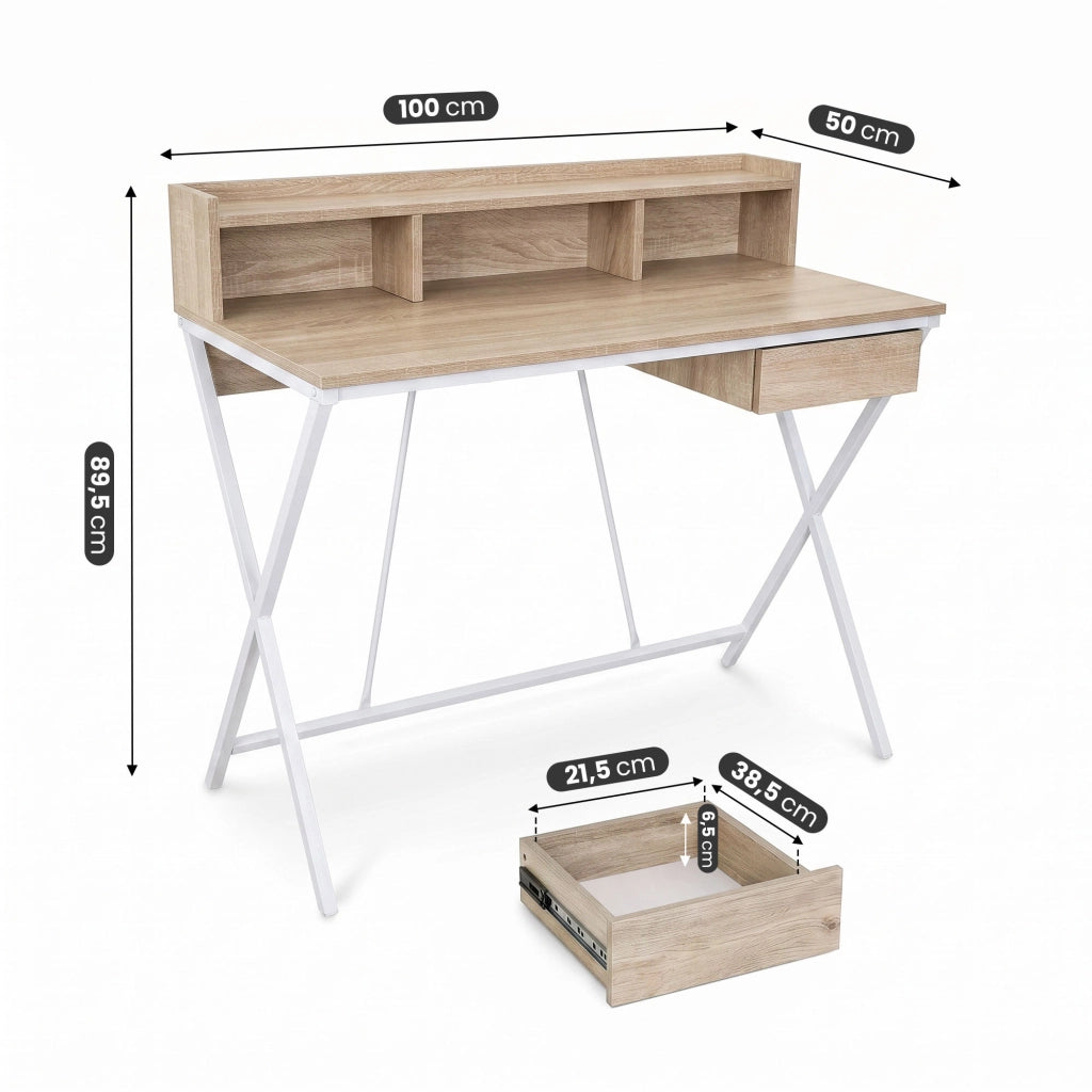 Scrivania PC industriale Rovere Sonoma FLEXO 100 cm 1 cassetto 1 ripiano gambe bianche